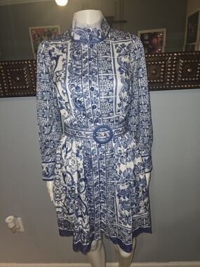 Dalia Macphee Blue & White Printed Long-Sleeve Belted Dress
